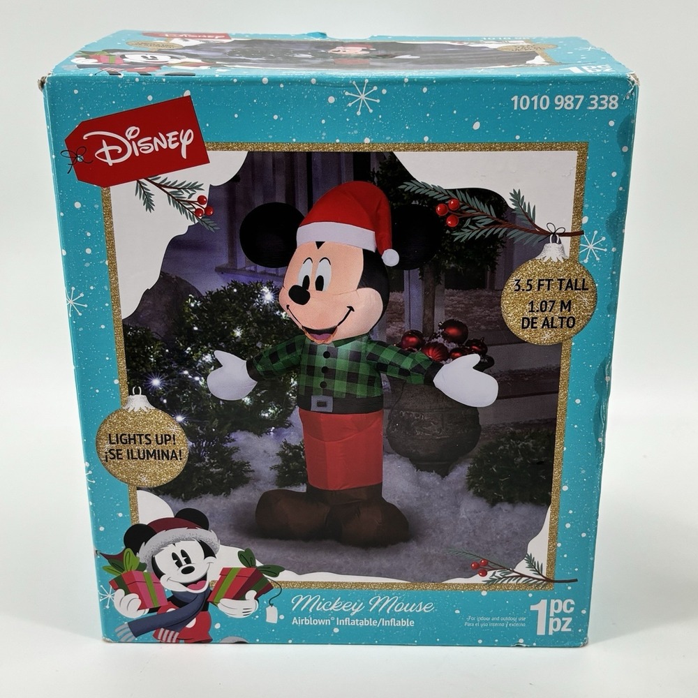 Gemmy Mickey Mouse with LED Lights 3.5 FT Airblown Inflatable Green Plaid Shirt